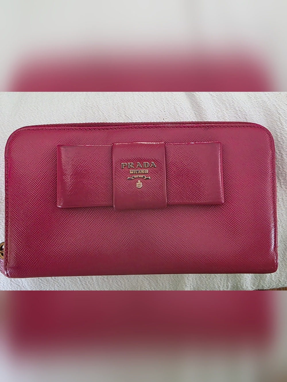 Prada Saffiano Leather Pink (Peonia) Bow Zip Around Wallet